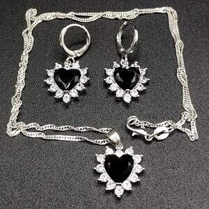 925 Silver CZ Black Diamond Heart Necklace Earrings Set Valentines Birthday Gift
